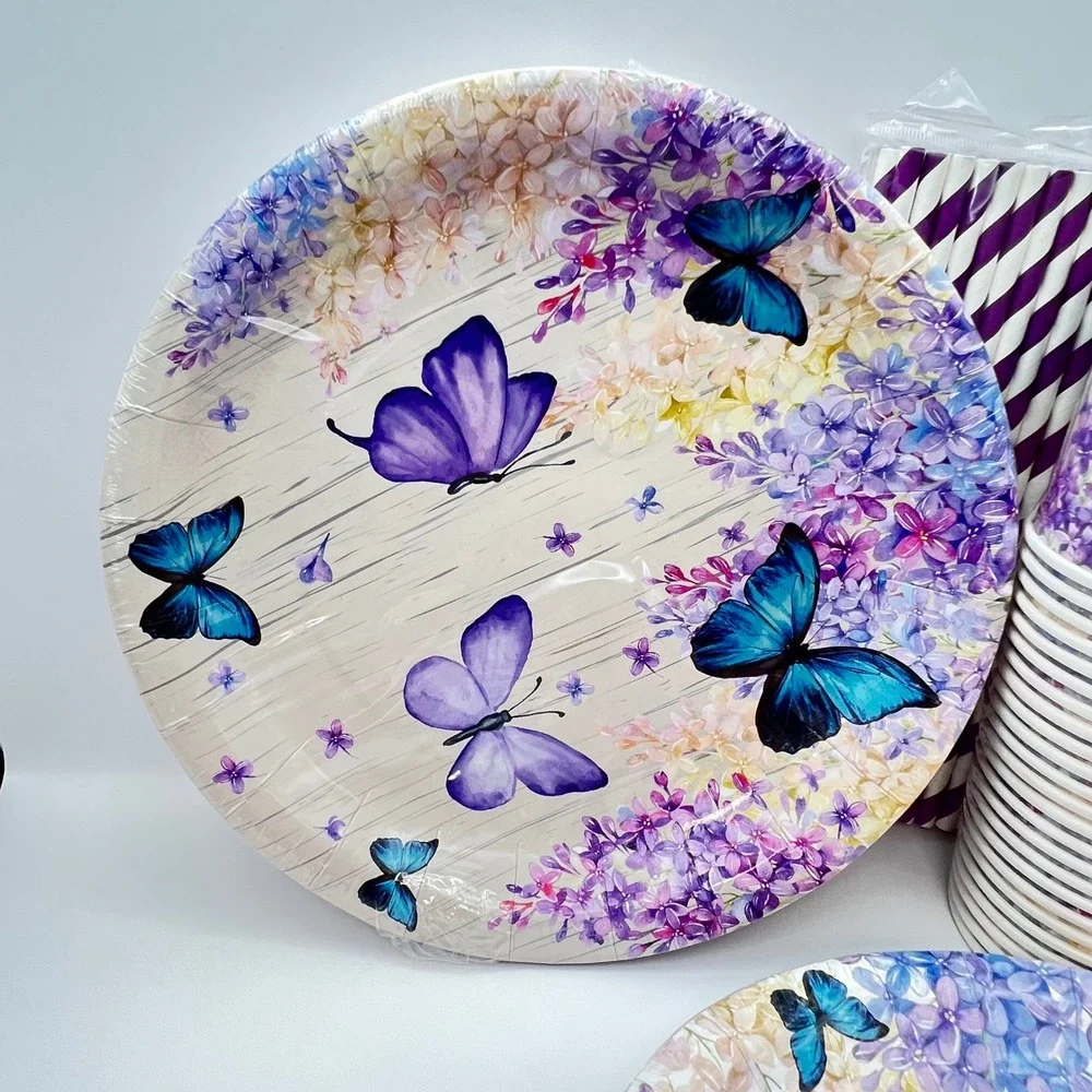 HIPVVILD Butterfly Theme Party Supplies Set Purple Floral Plates Cups Napkins